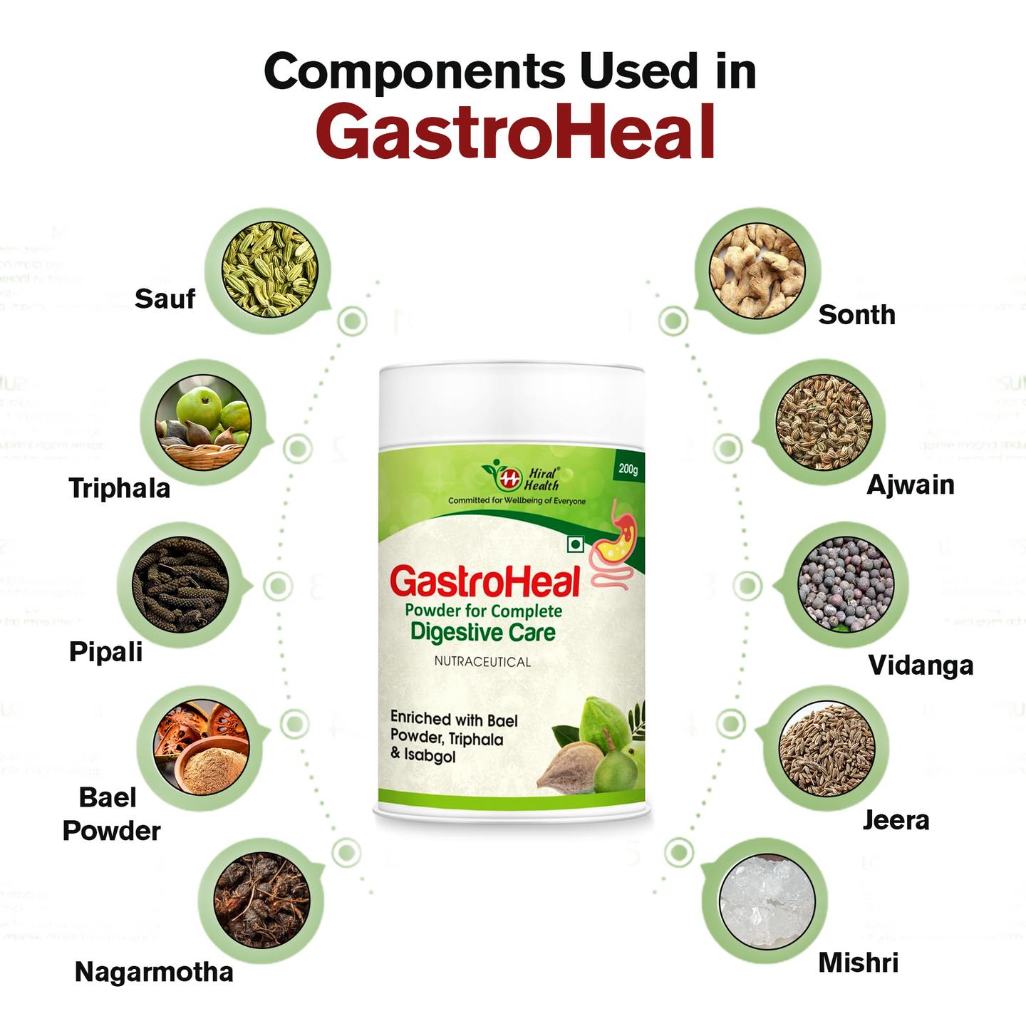 Gastro Heal powder packaging with ingredients listed around it on a white background