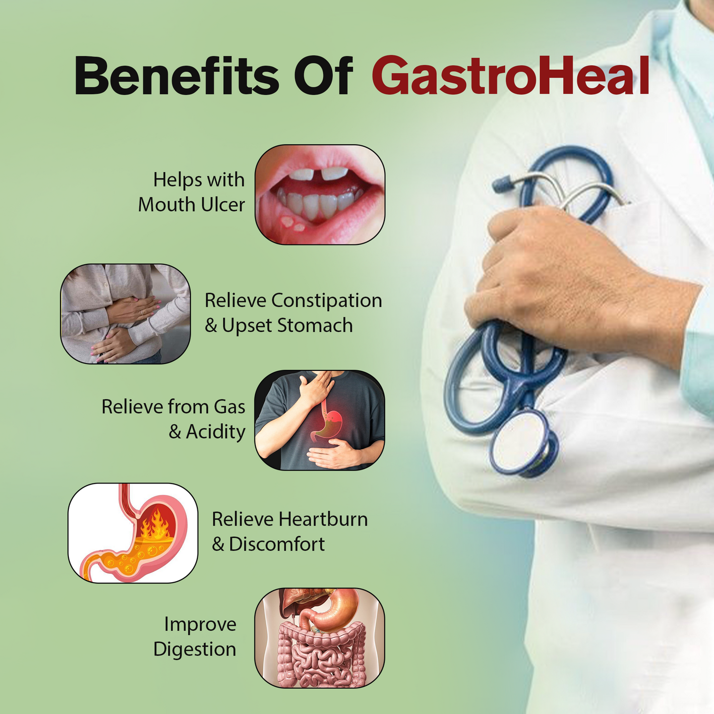 GastroHeal showing a doctor with stethoscope and benefits listed on a green background