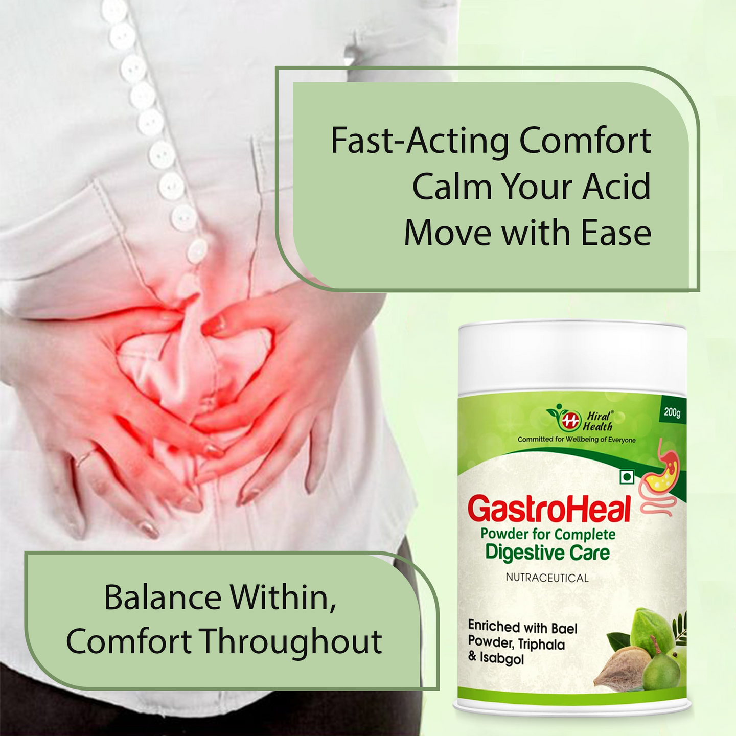 Gastrointestinal discomfort illustration with Gastro Heal product on a light green background