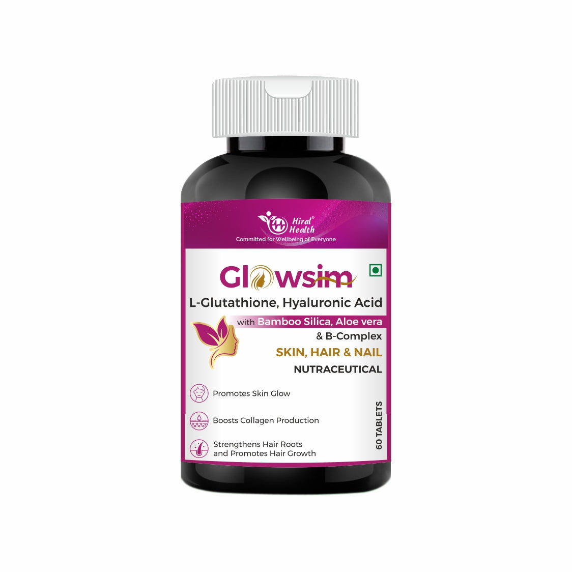 Bottle of Glowsim supplement with purple label on a white background