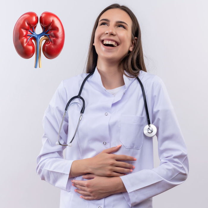 Doctor with stethoscope standing next to an illustration of kidneys on a light gray background