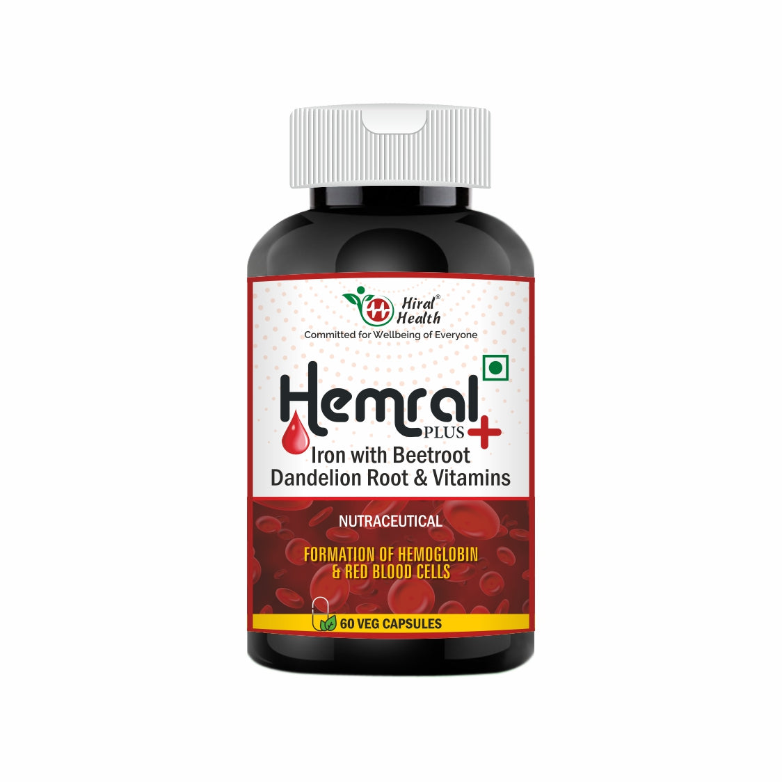 Hemral Plus supplement bottle with red and white label on a white background