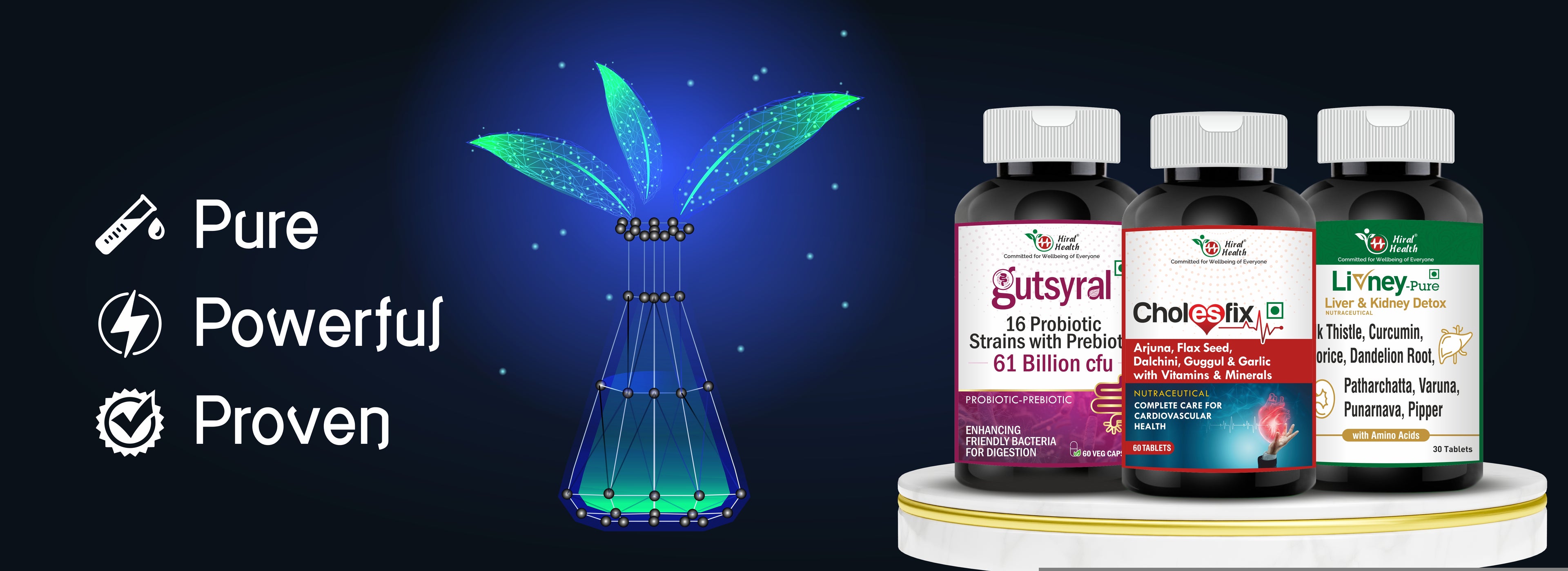Three supplement Gutsyral, Cholesfix, and Livney Pure on a dark background with a blue light effect. - Pure, Powerful, and Proven