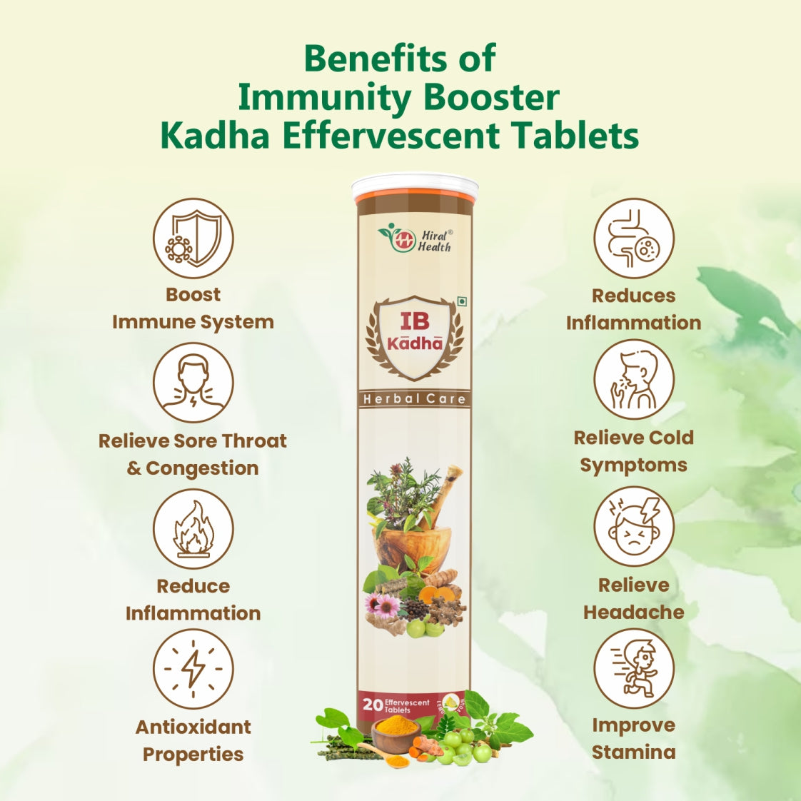 Immunity booster kadha effervescent tablets with benefits listed on a green background