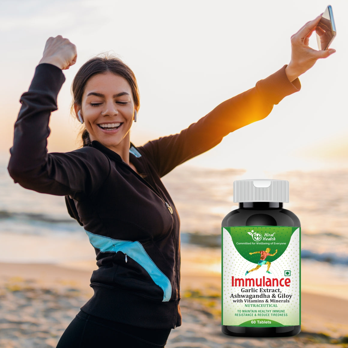 Woman taking a selfie on a beach with an Immulance supplement bottle in the foreground