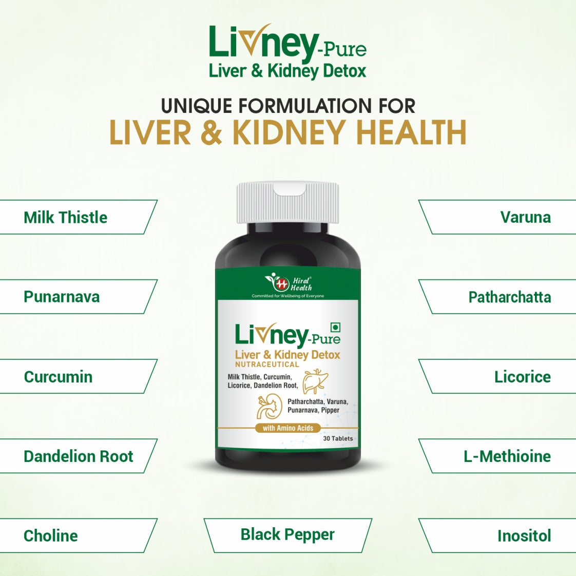 Livney Pure Liver & Kidney Detox supplement bottle with ingredients listed on a light green background