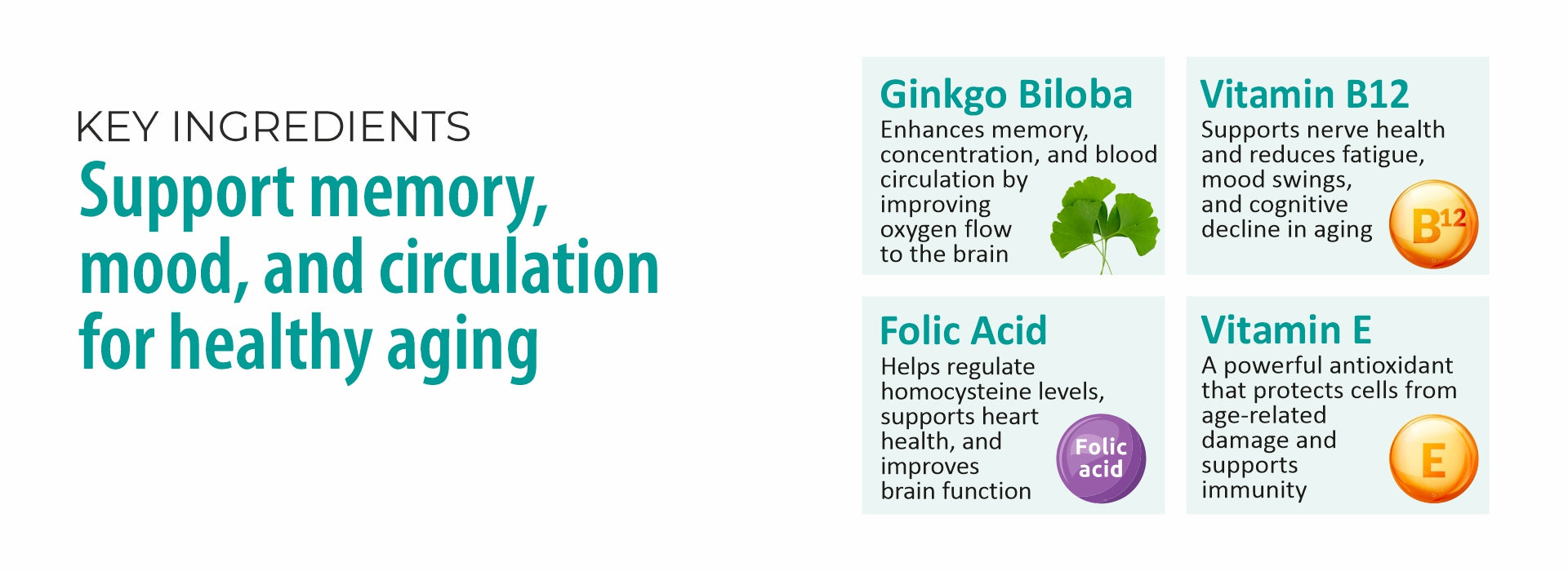 Health supplement label highlighting key ingredients for memory, mood, and circulation support.