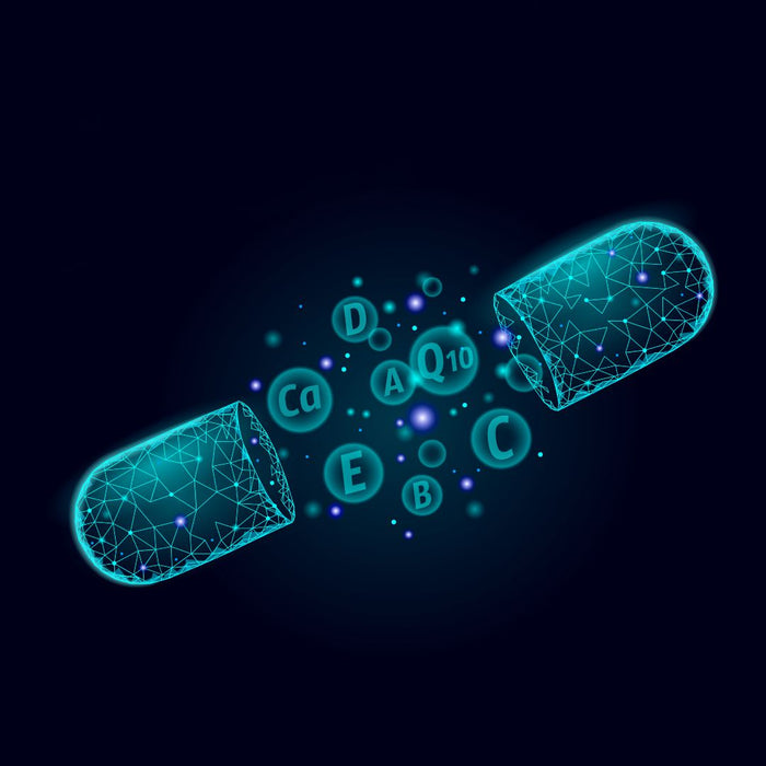 Digital illustration of a capsule with vitamins and minerals on a dark background