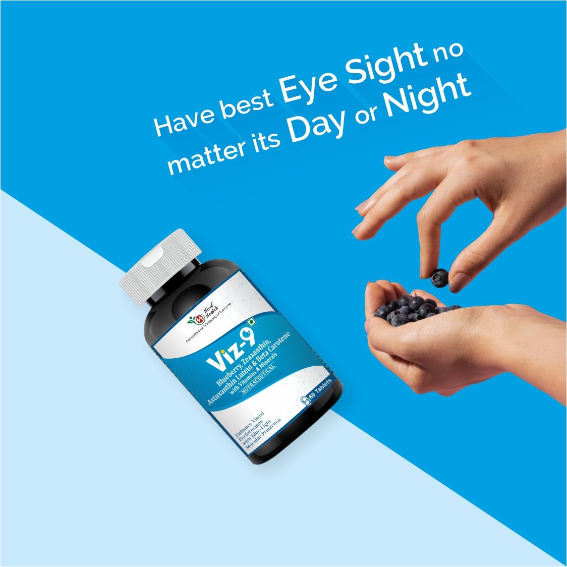 Viz3 supplement bottle with hands holding blueberries on a blue background