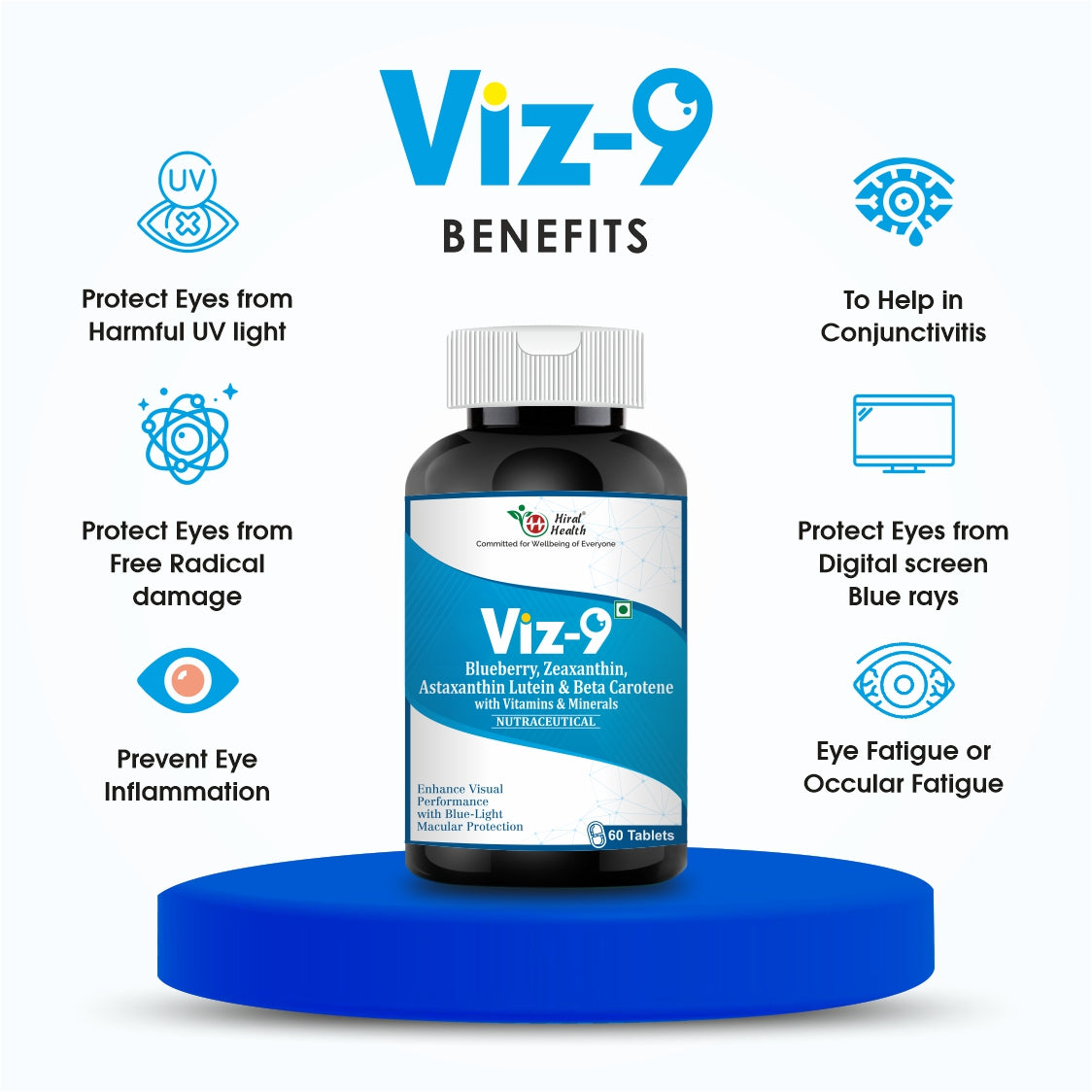 Viz-9 supplement bottle with benefits listed on a white background