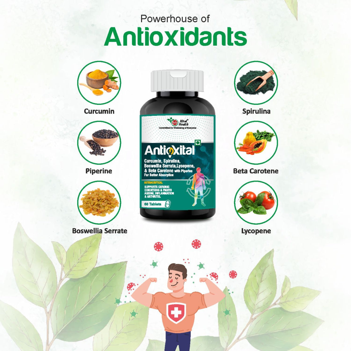 Antioxidant supplement bottle with health benefits and vitamins on a green background