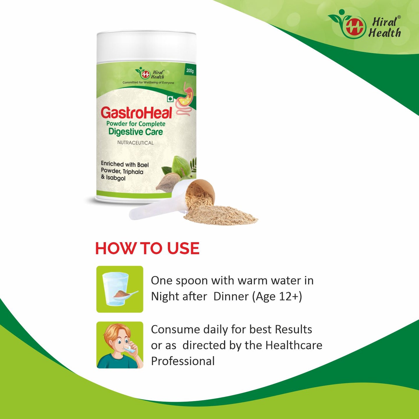 Gastro Heal powder container with usage instructions on a green and white background