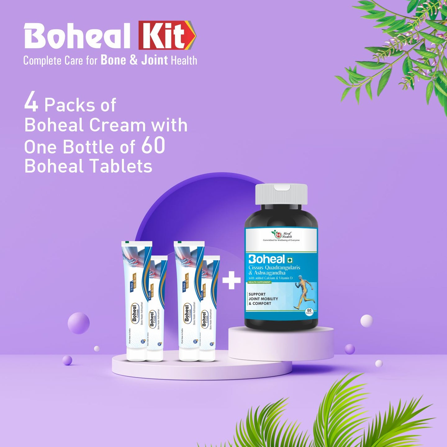 Boheal Kit with cream tubes and a bottle on a purple background