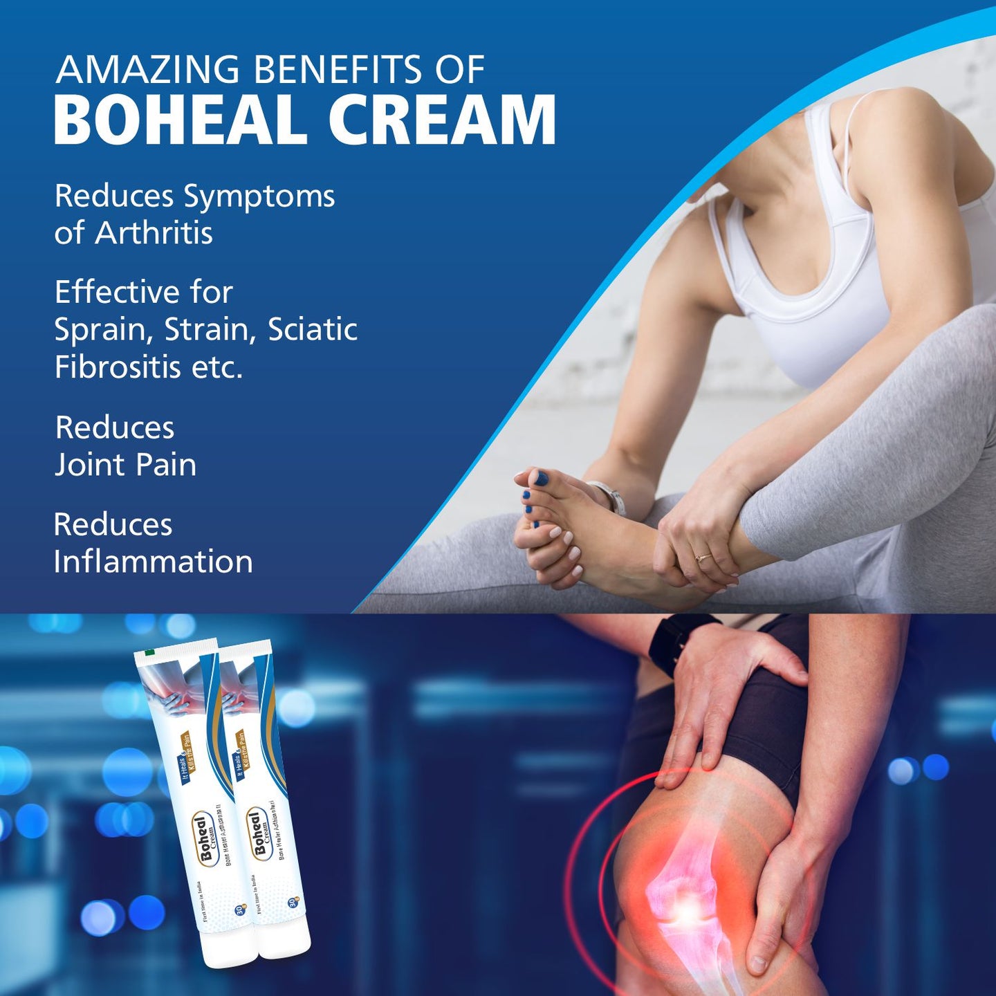 Advertisement for Boheal Cream with a person applying cream to their knee, set against a blue background.