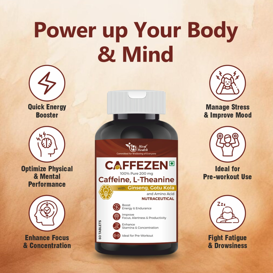 Caffeine supplement bottle with promotional text and icons on a beige background