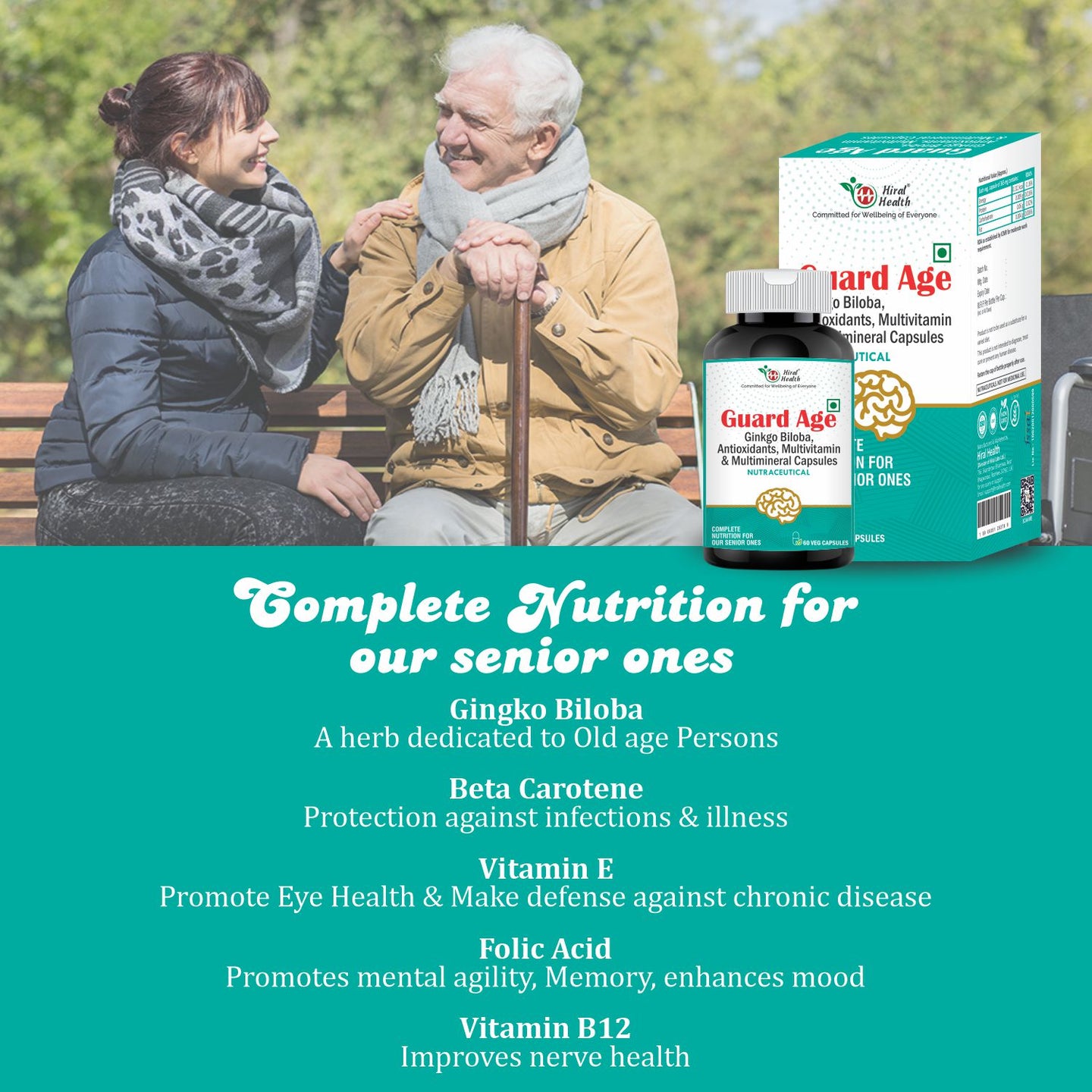 Advertisement for Guard Age supplement with an elderly couple outdoors and product packaging.