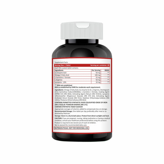 Omega 3 Fish Oil with CoQ10, Lycopene, L-Carnitine L-Tartrate & L-Arginine Tablets - Lower Bad Cholesterol - 60 Tablets