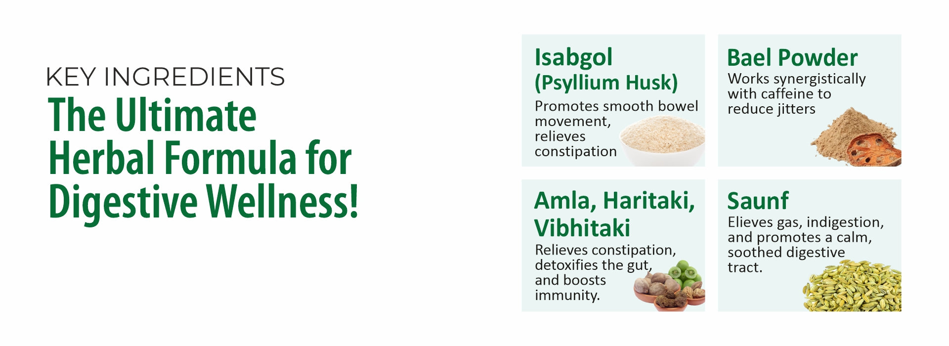 List of key ingredients for a digestive wellness formula with images and descriptions.