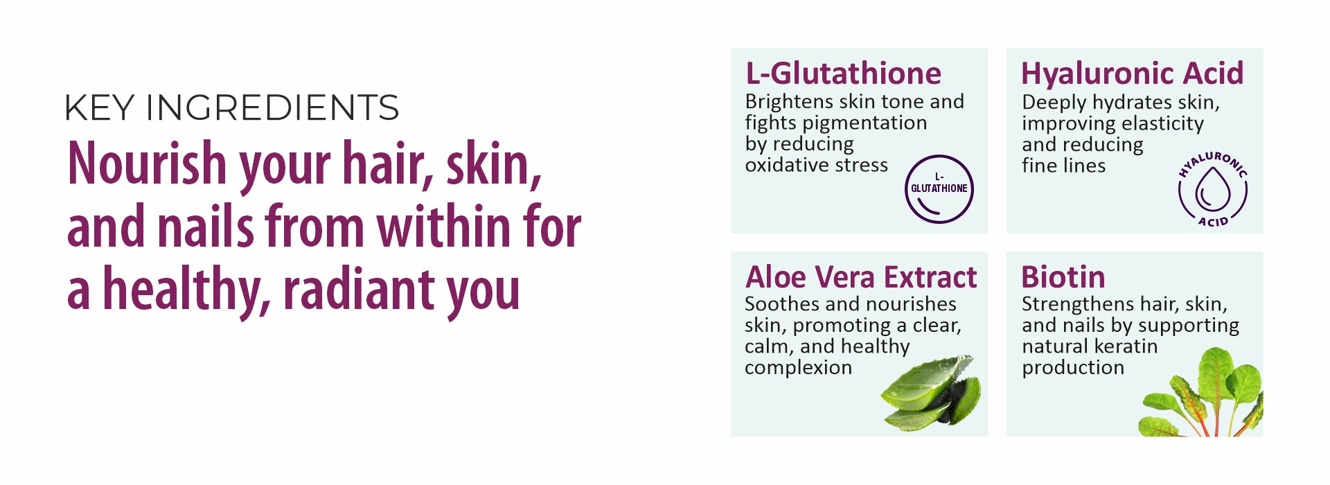 List of key ingredients with their benefits for hair, skin, and nails on a white background.