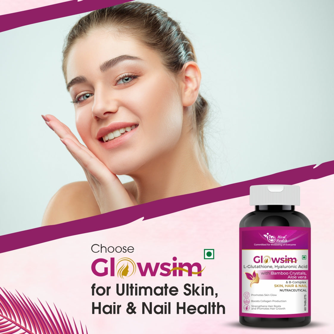 Woman with clear skin next to a Glowsim supplement bottle on a light pink background