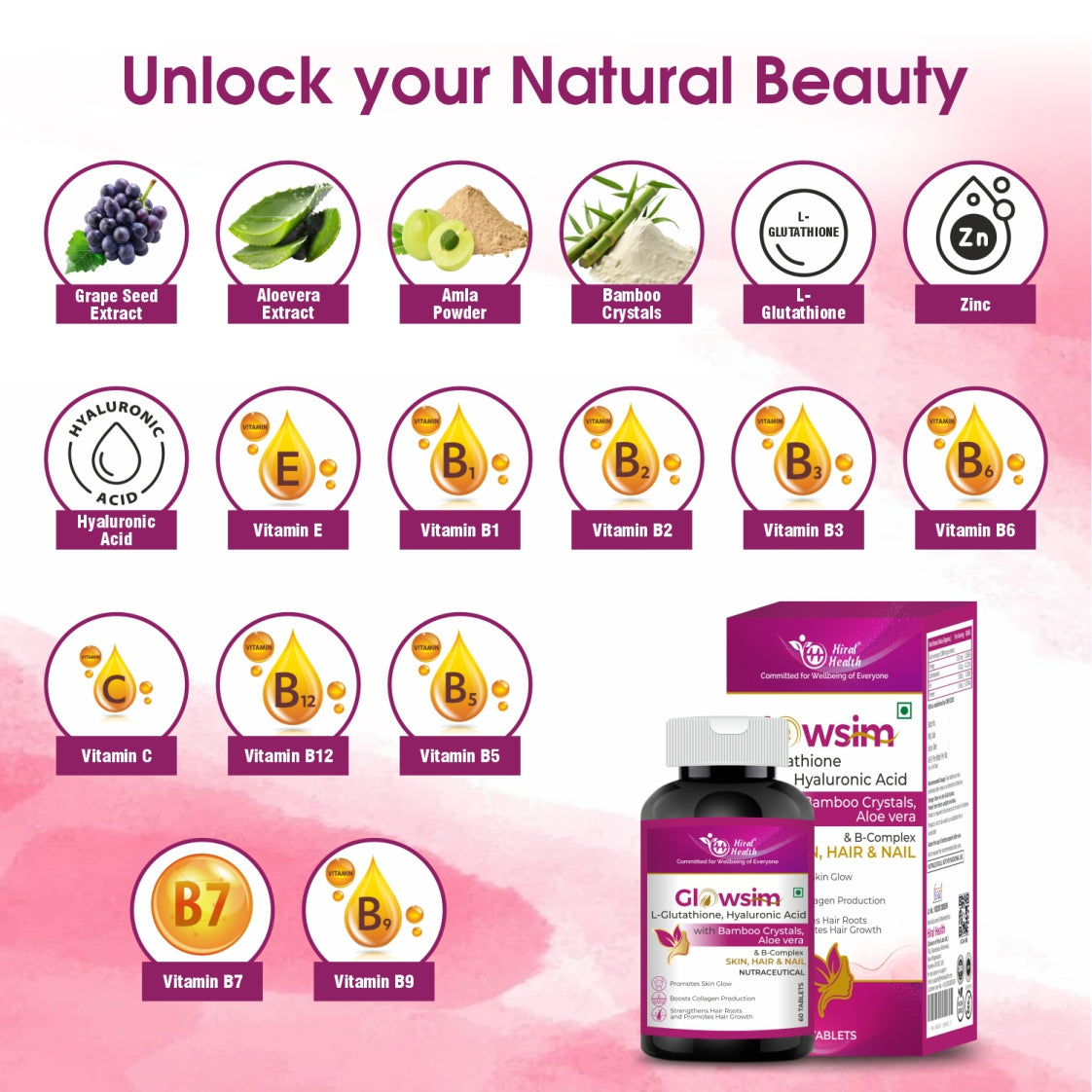 Vitamins and supplements with various health benefits on a pink background