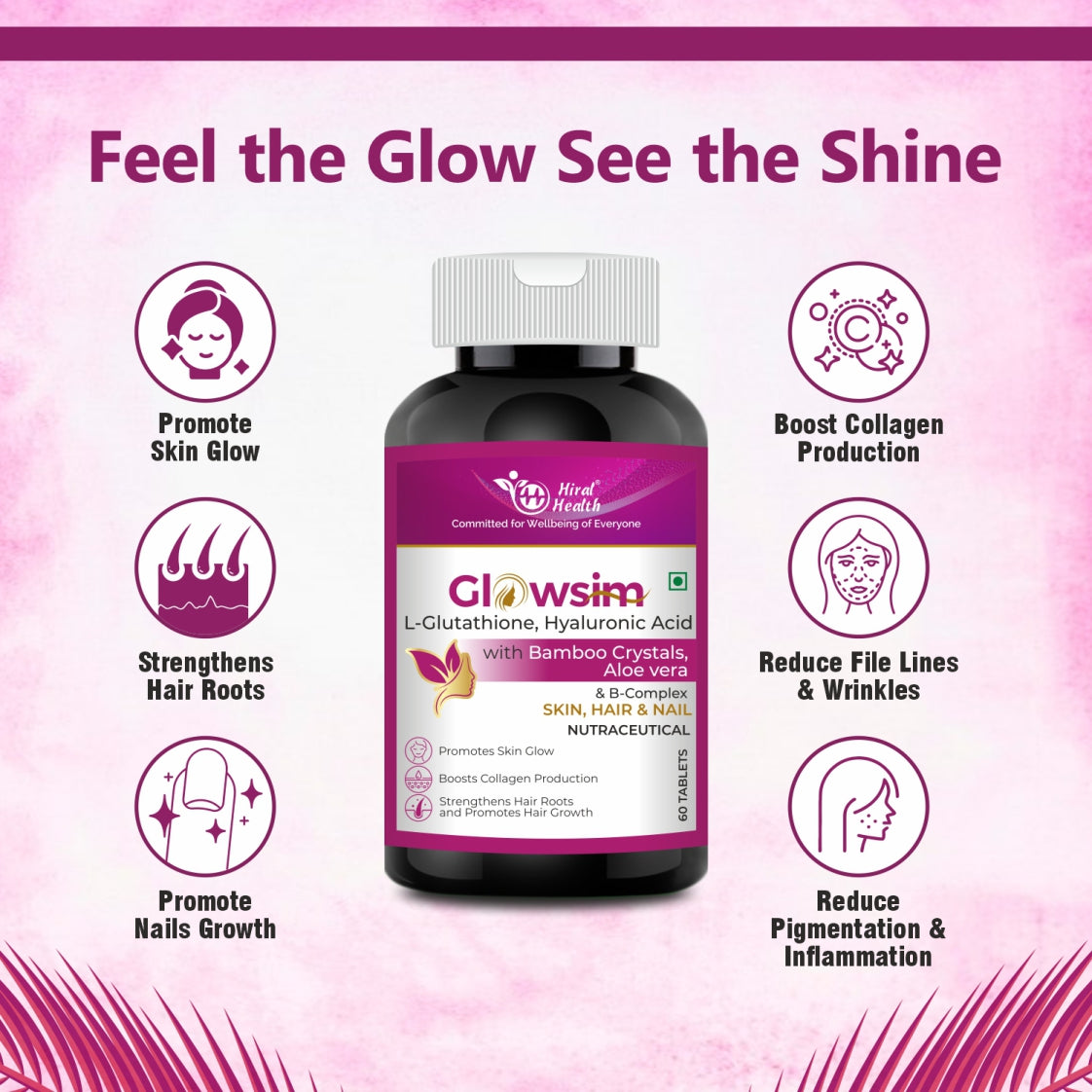 Glowsim supplement bottle with pink background and text about product benefits