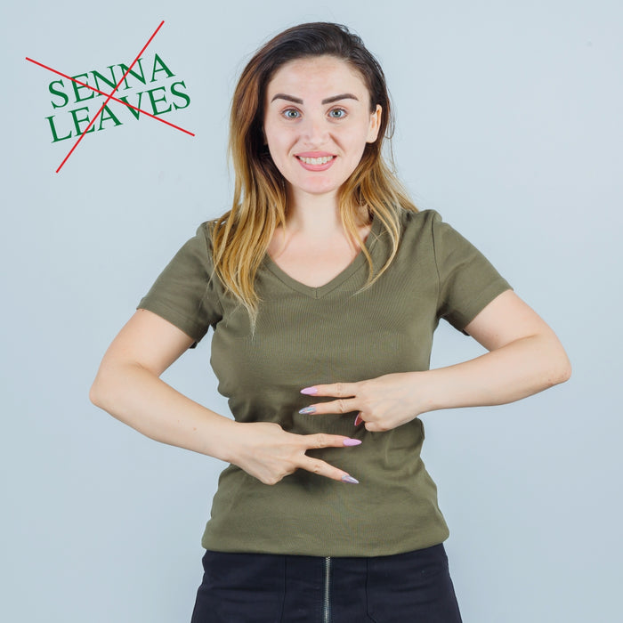 Woman wearing an olive green t-shirt with no senna leaves text overlay in blue background