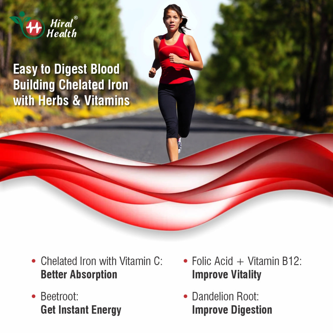 Woman running on a road with Hiral Health product advertisement in the foreground