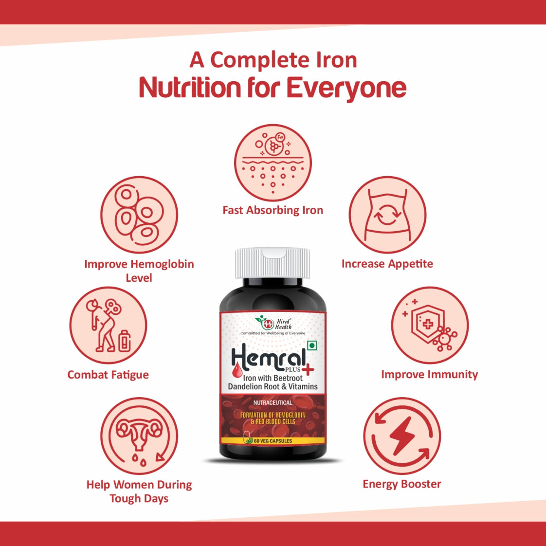 Bottle of Hemral Iron supplement with icons and text highlighting its benefits on a white background.
