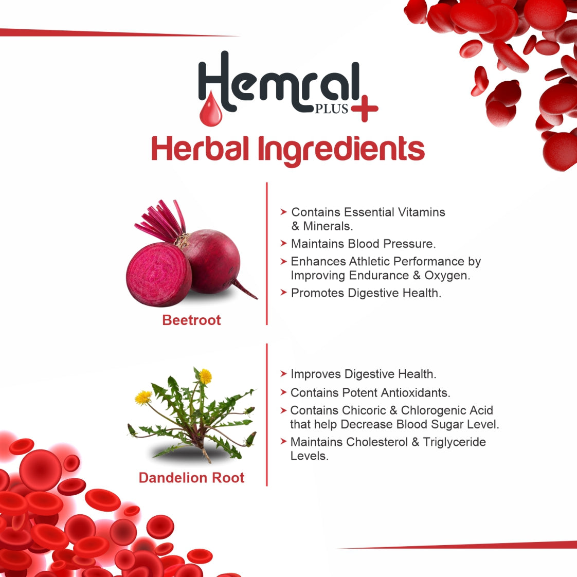 Hemral Plus herbal ingredients with beetroot and dandelion root on a white background
