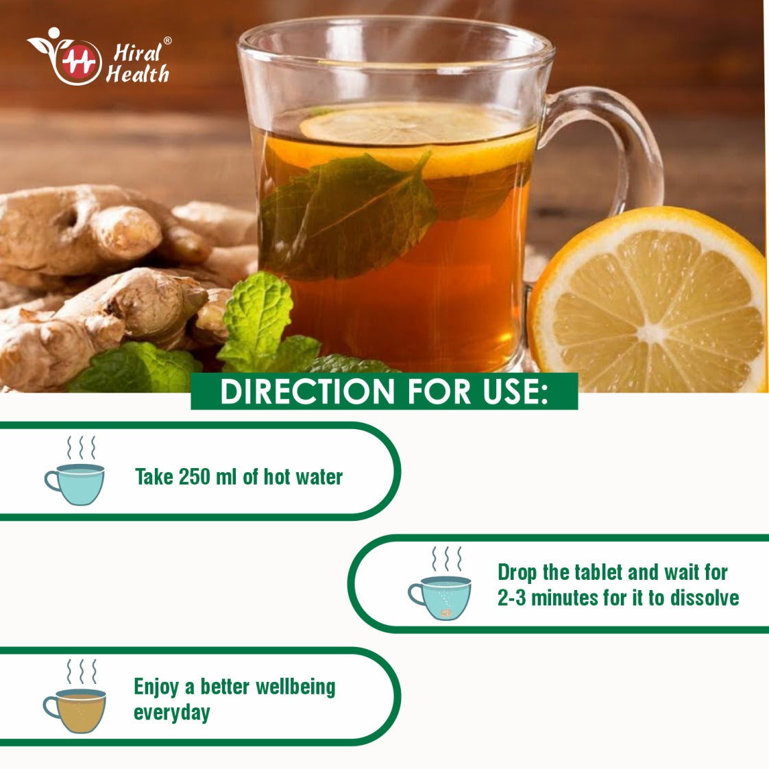 IB KadhaTea with ginger and lemon, Hiral Health brand, with directions for use.