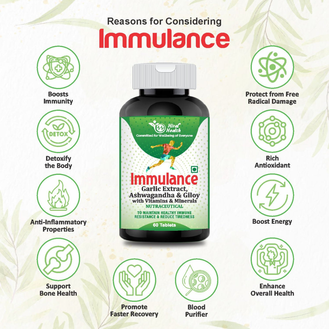 Immunity supplement bottle with health benefits on a light background