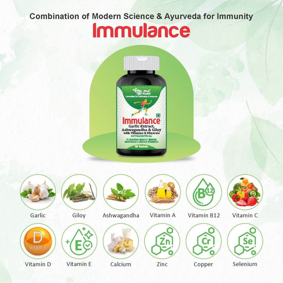 Bottle of Immulance supplement with ingredients and benefits on a green background