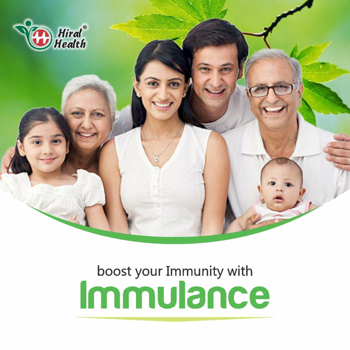 Family posing together with Hiral Health logo and text promoting Immulance product.