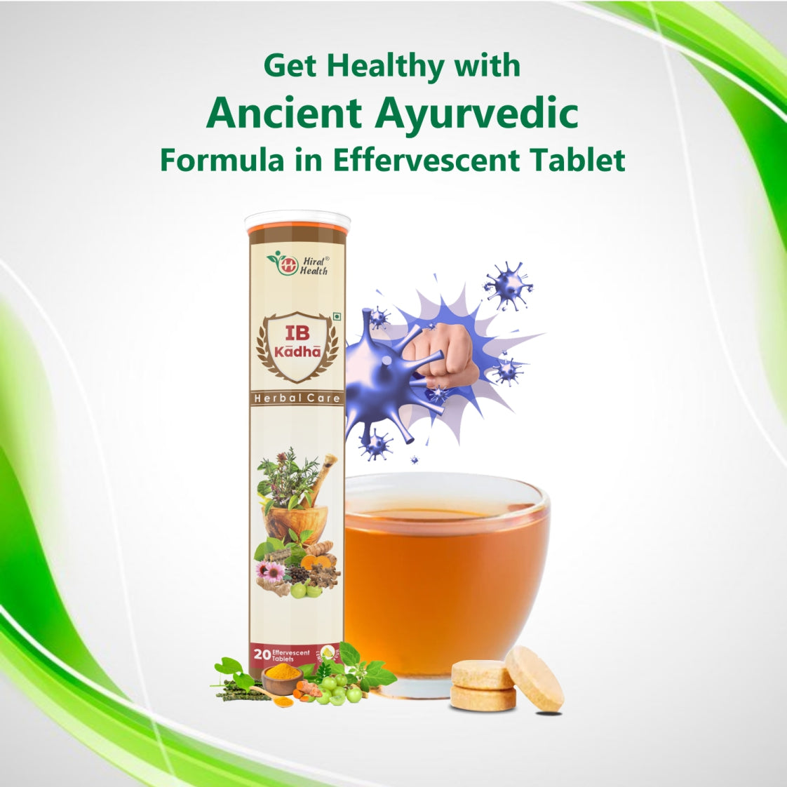 IB Kadha herbal care product with a glass of tea and effervescent tablets on a white background