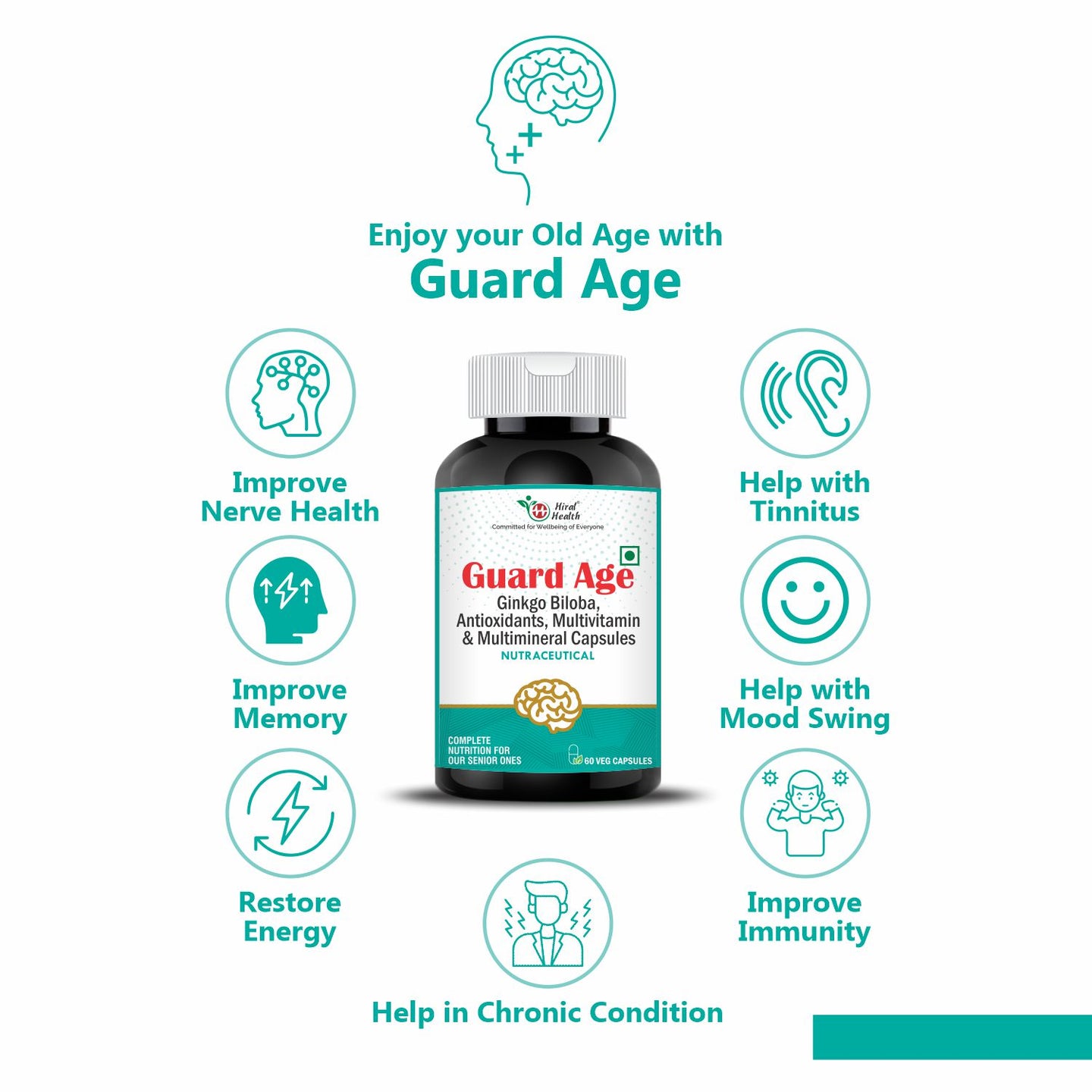 Guard Age supplement bottle with health benefits on a white background