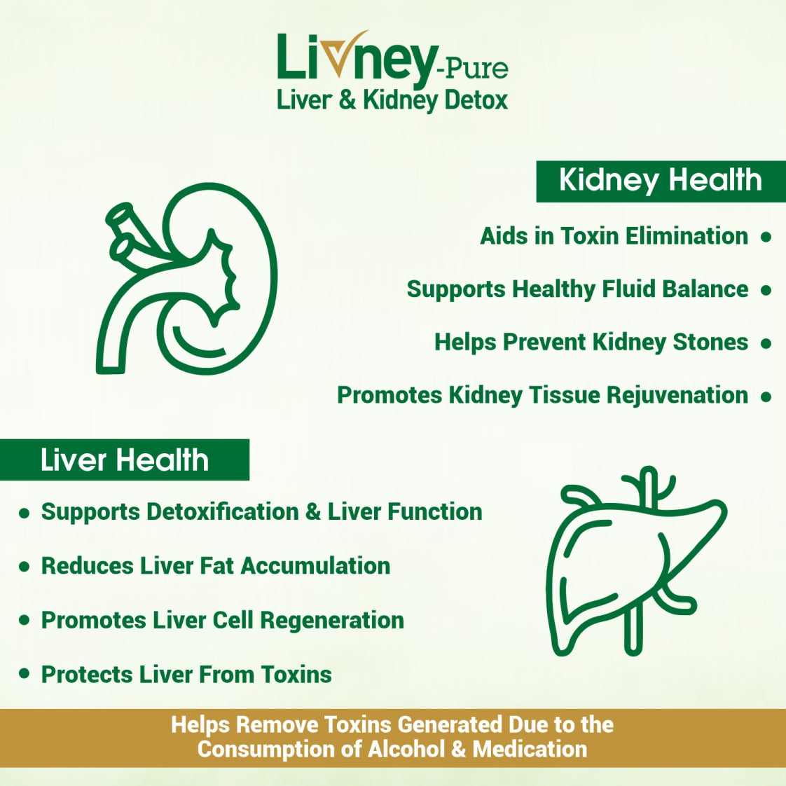 Livney Pure Liver and Kidney Detox product description with icons and text on a green background