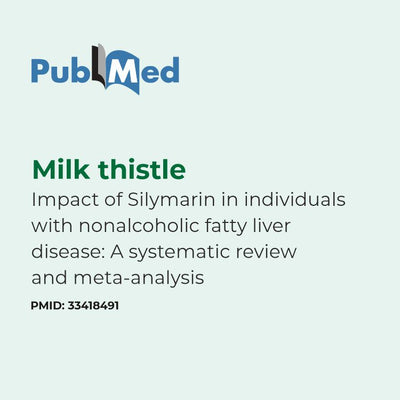 PubMed abstract for 'Milk thistle: Impact of Silymarin in individuals with nonalcoholic fatty liver disease' on a light blue background.