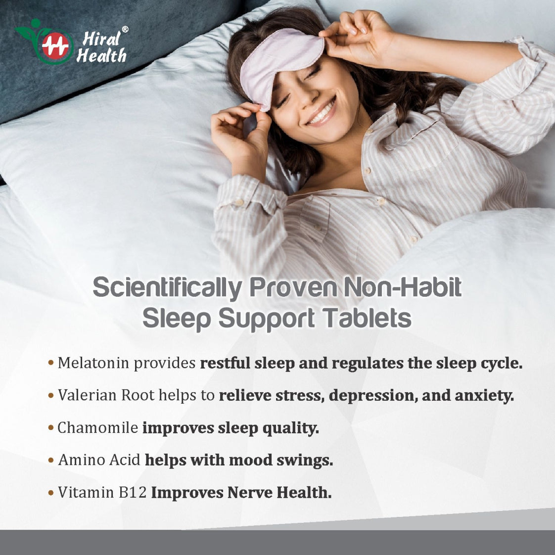 Woman lying in bed with a sleep mask on, Hiral Health brand visible, text about sleep support tablets.
