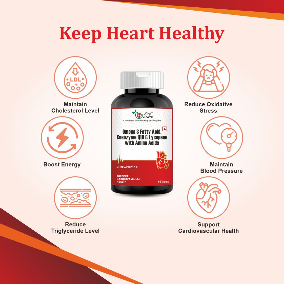 Supplement bottle with heart health benefits on a beige background
