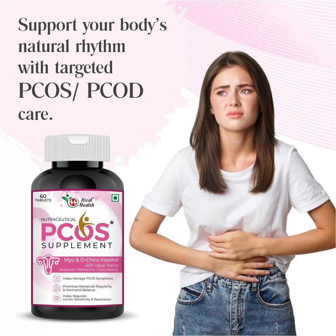 PCOS supplement bottle with a woman holding her stomach on a pink background