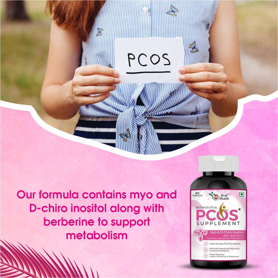 female holding a card with 'PCOS' text, supplement bottle on pink background