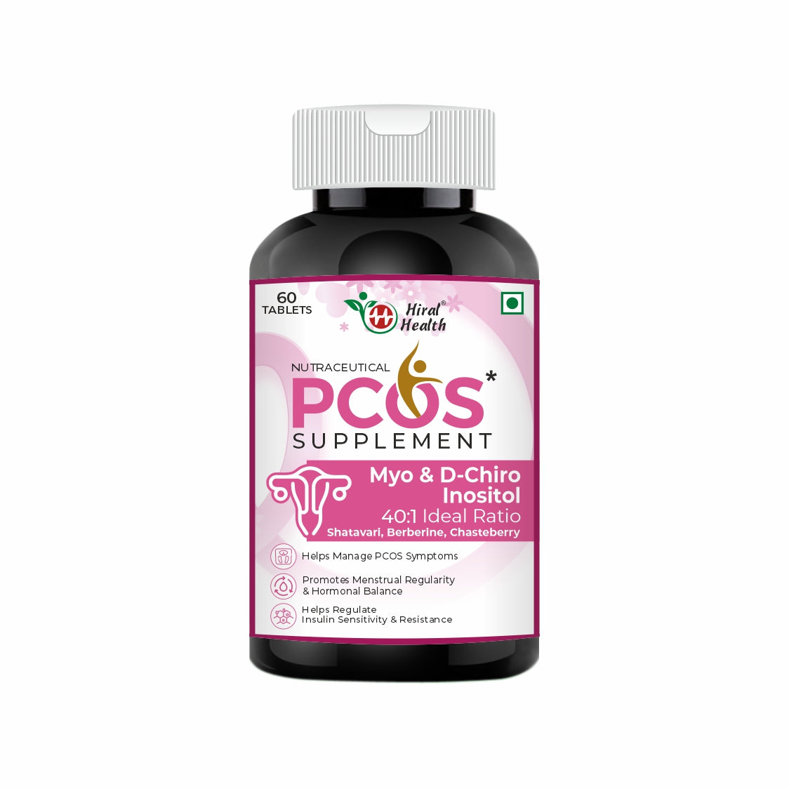 PCOS supplement bottle with pink label on a white background
