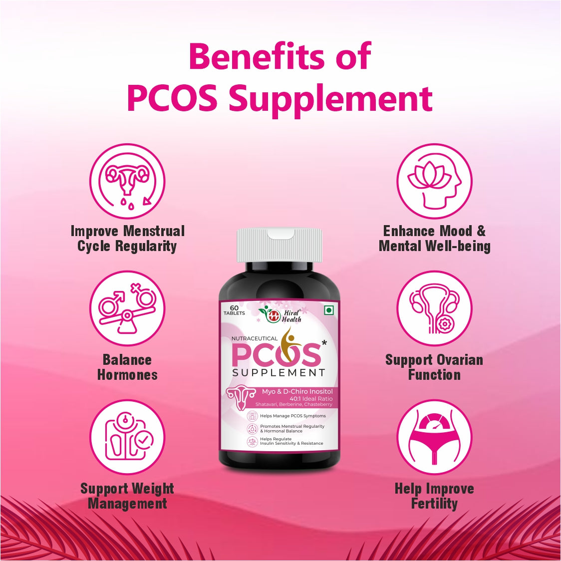 PCOS supplement bottle with benefits listed on a pink background