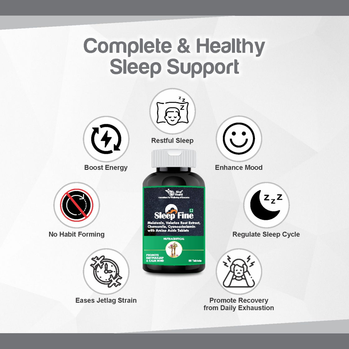 Sleep Fine supplement bottle with benefits on a white background