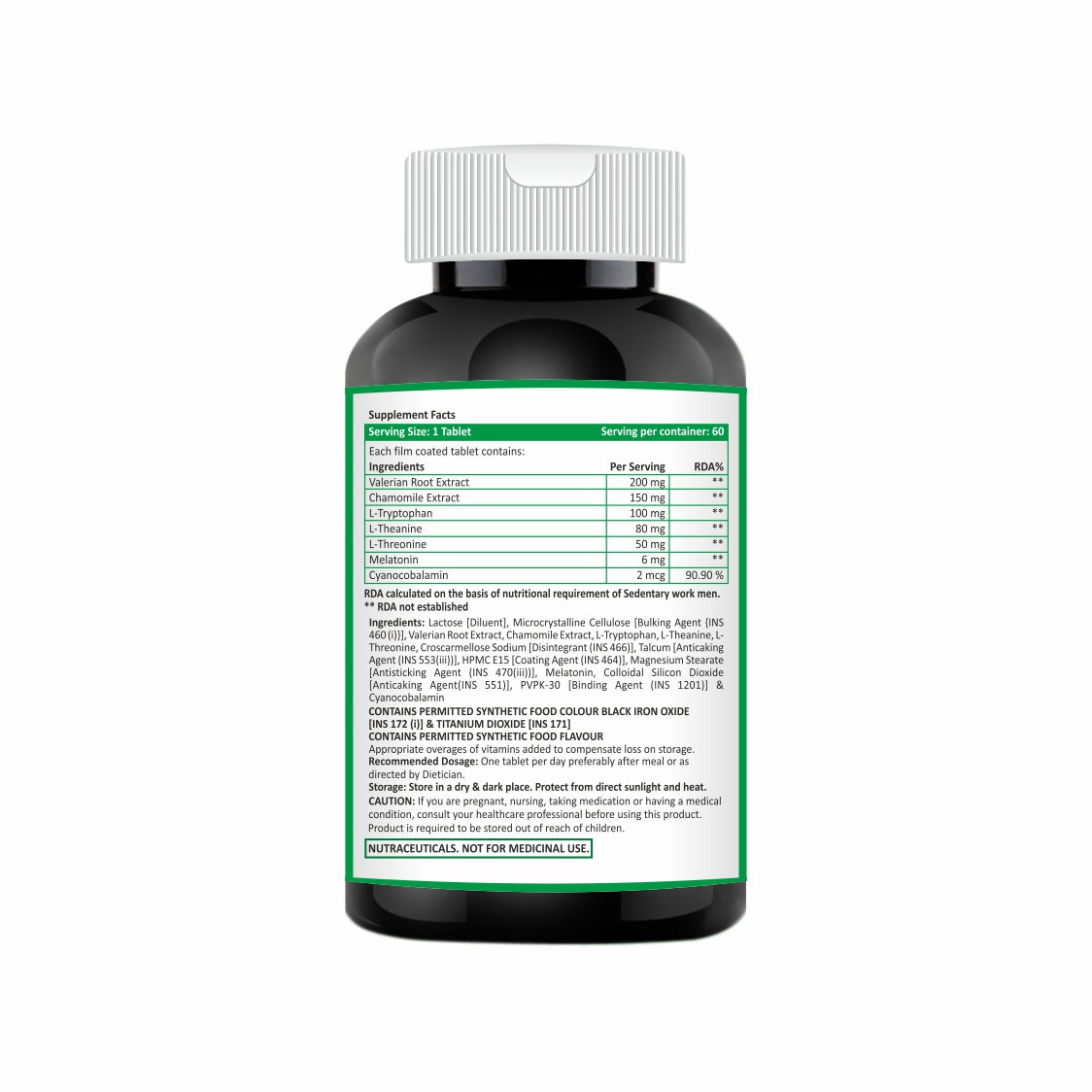 Black supplement bottle with green label on a white background