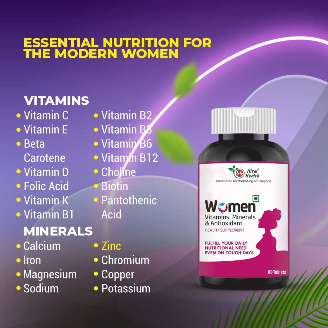 Supplement bottle with vitamins and minerals listed on a purple background
