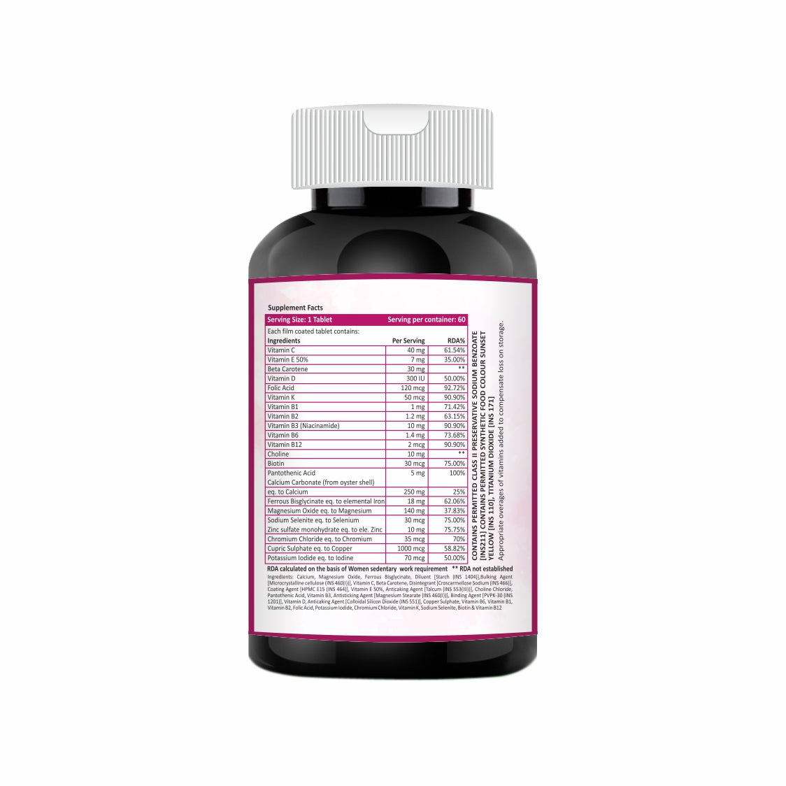 Bottle of supplements with a ingredients side label on a white background