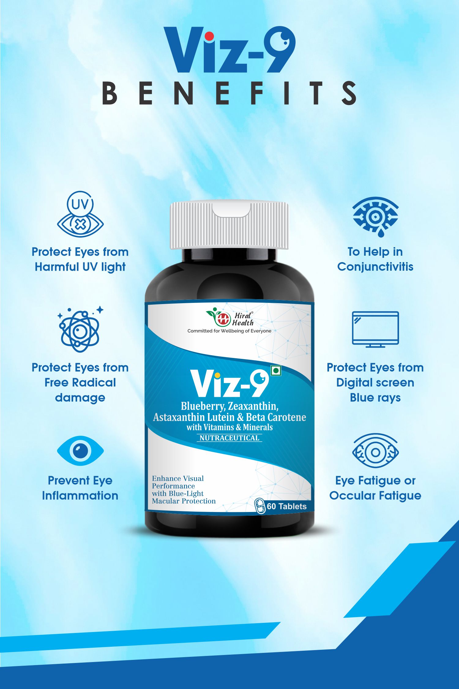 viz9 tablet with its benefits represent in icon. www.hiralhealth.com